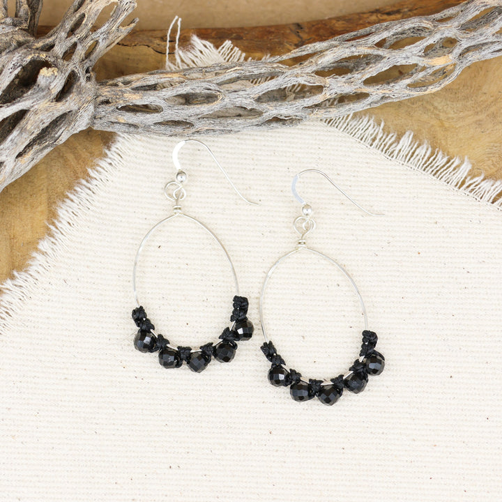 black spinel sterling silver oval hoop macrame earrings