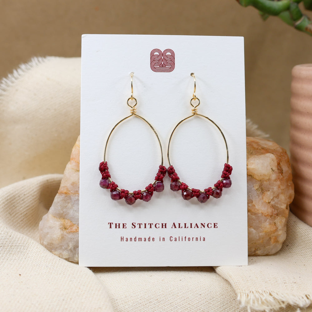 macrame garnet hoop earrings 14k gold fill