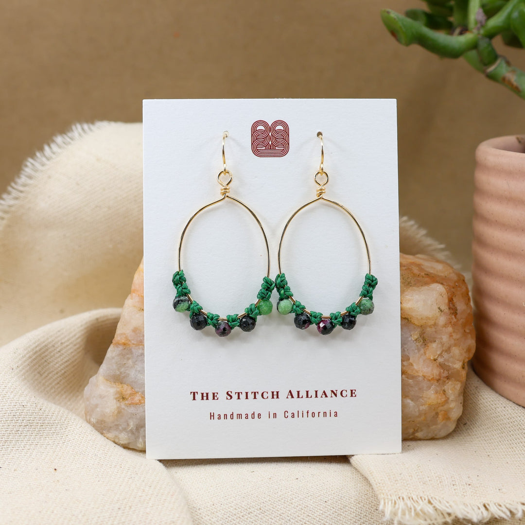 macrame ruby zoisite hoop earrings 14k gold filled