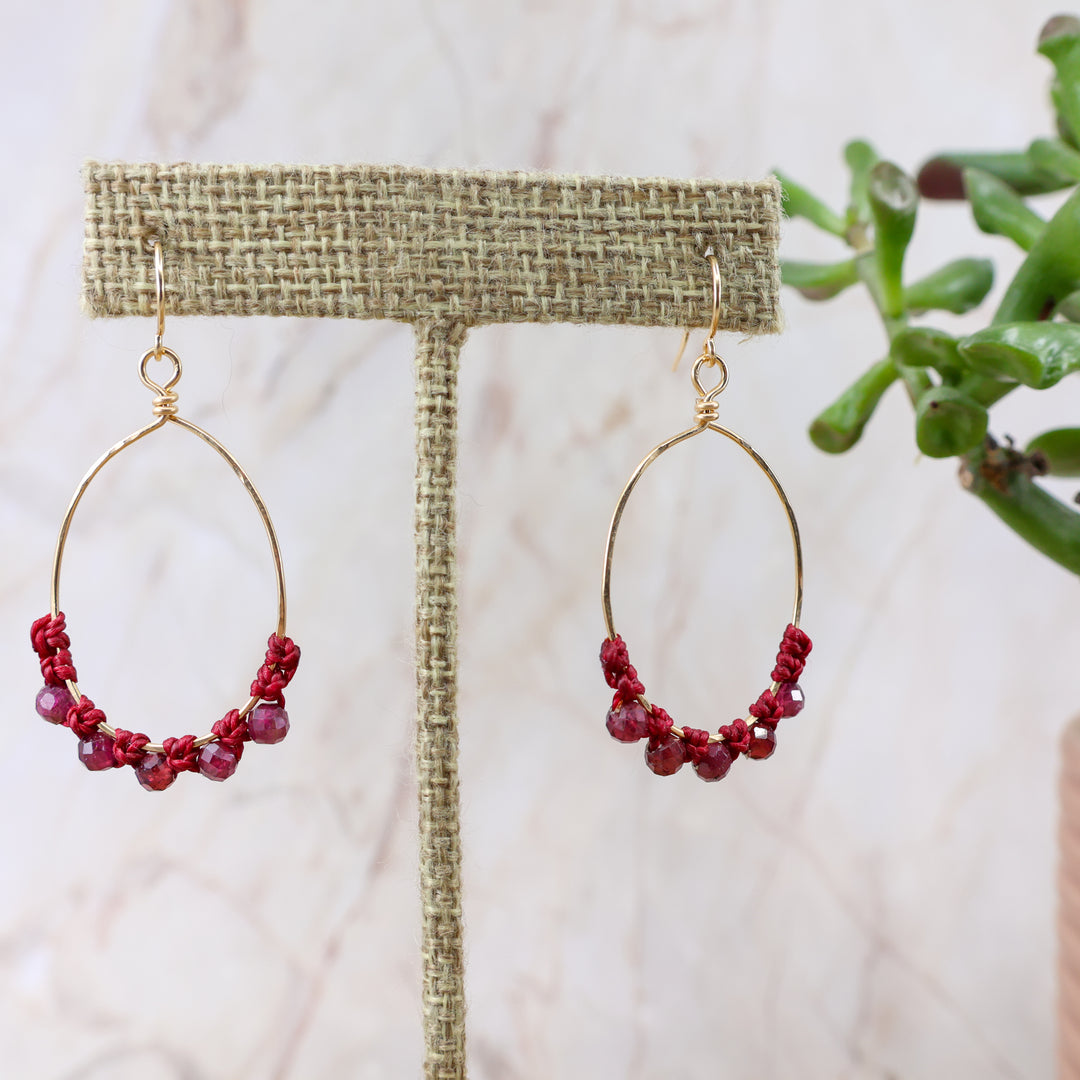 handmade gold filled garnet hoop earrings