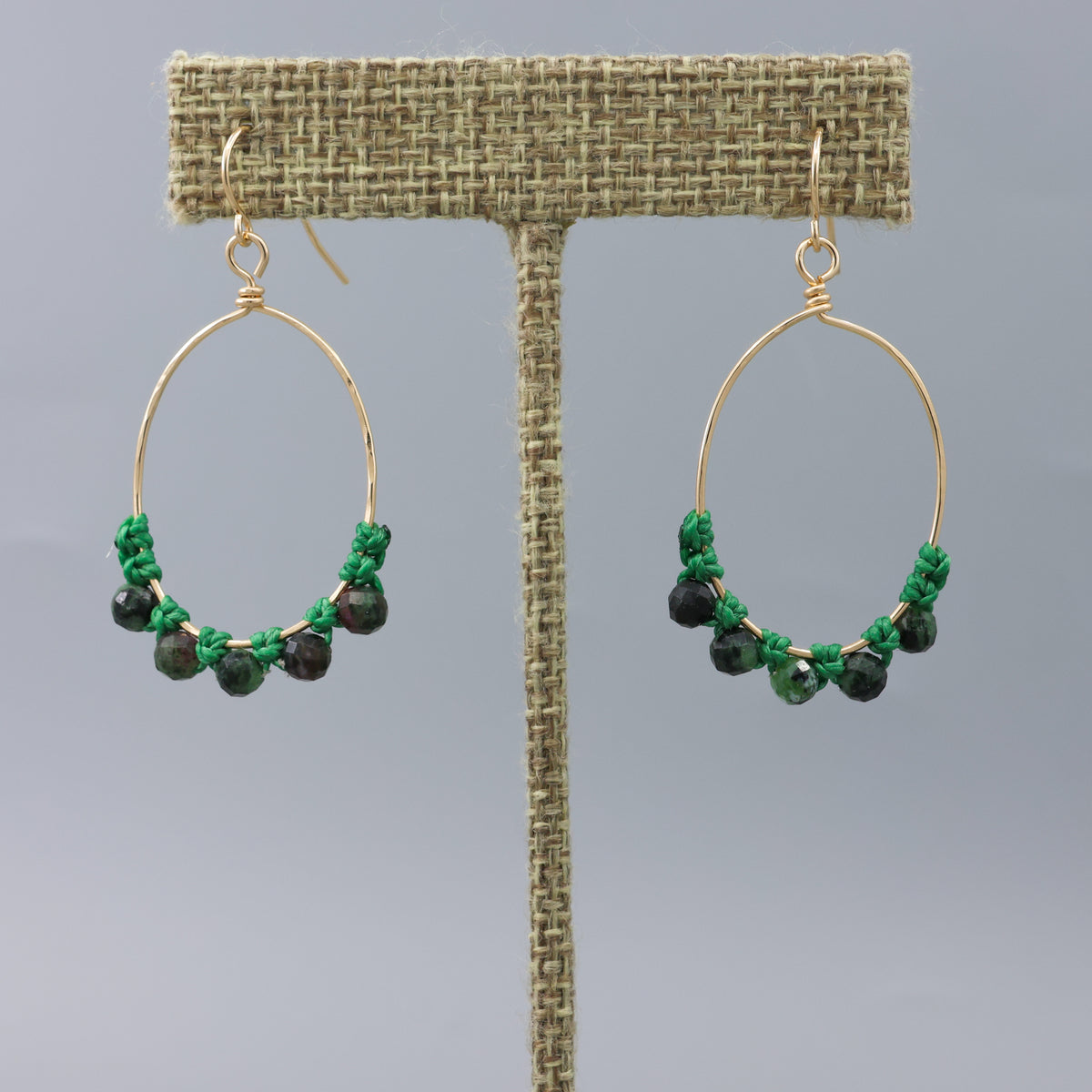 handmade gold hoop macrame earrings with ruby in zoisite beads