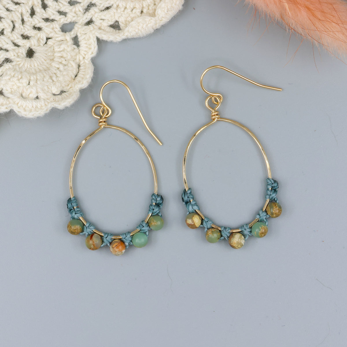 handmade gold hoop macrame earrings with aqua terra jasper beads