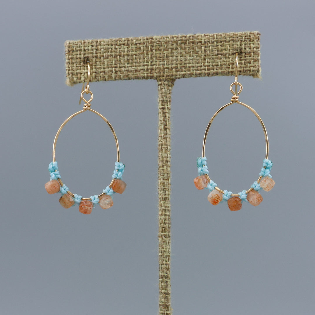 handmade sunstone and gold fill macrame hoop earrings