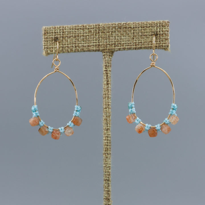 handmade sunstone and gold fill macrame hoop earrings