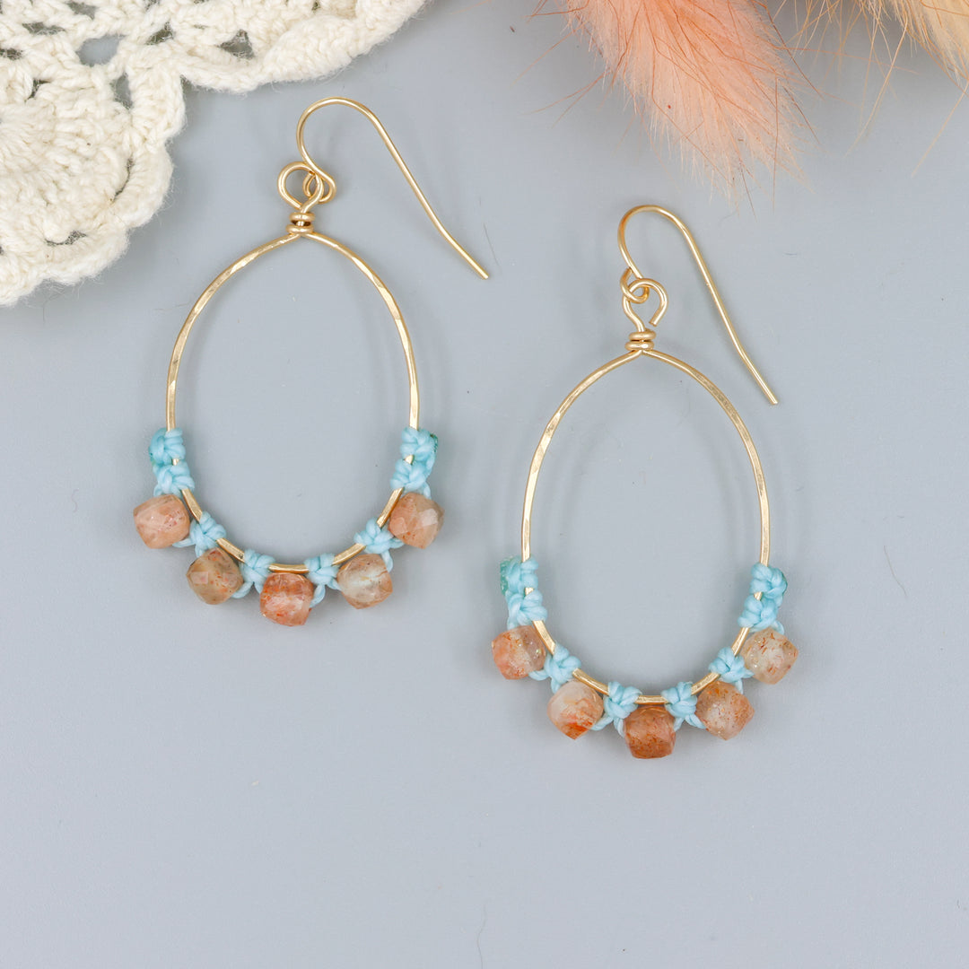 handmade sunstone and gold fill macrame earrings