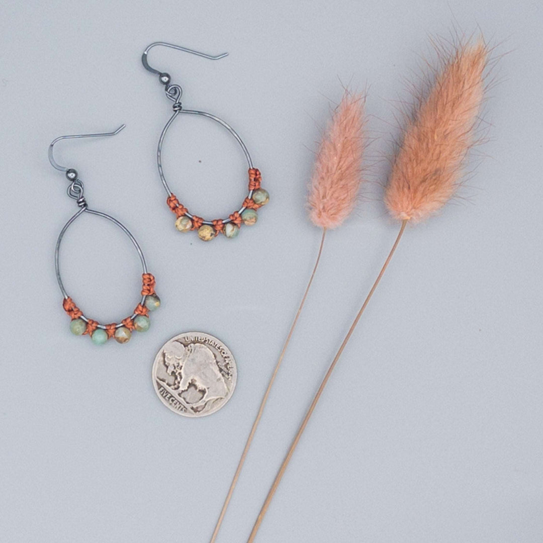 oval hoop macrame earrings with aqua terra jasper beads handcrafted with oxidized sterling silver wire
