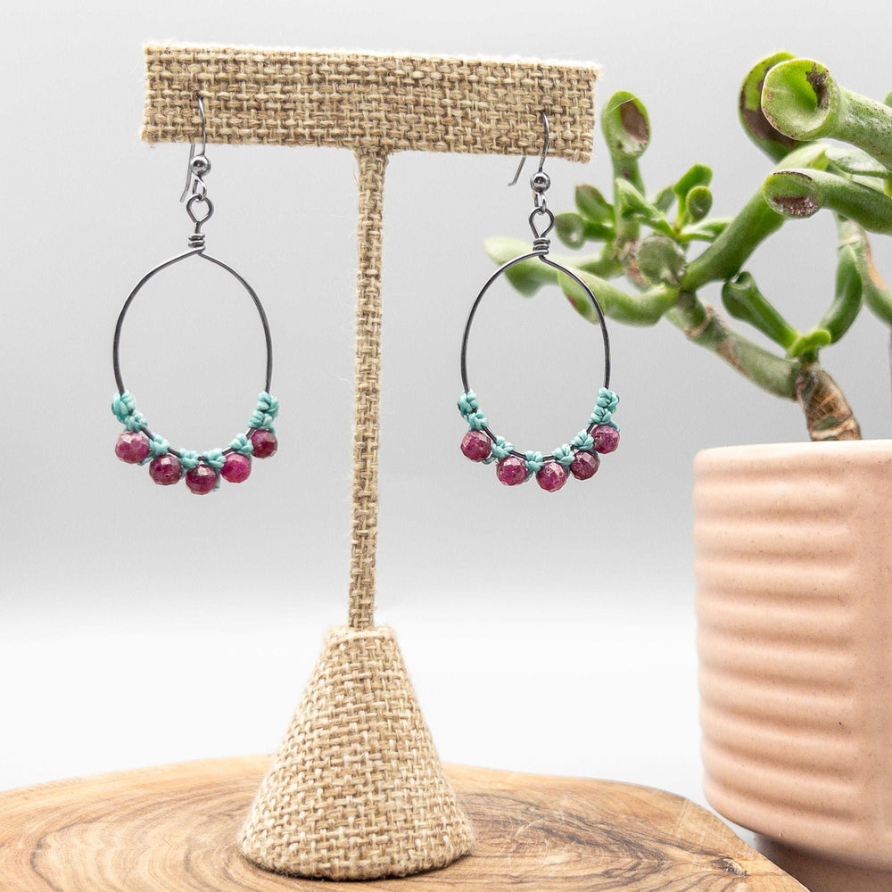 ruby oval hoops oxidized sterling silver with macrame