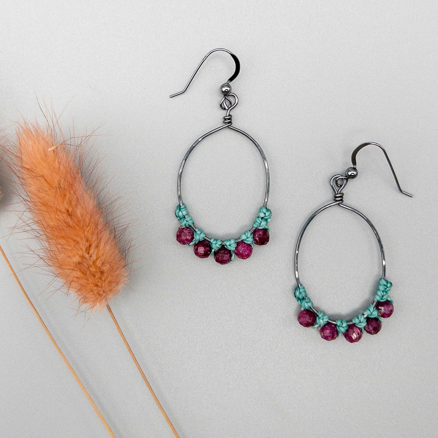 ruby oval hoops oxidized sterling silver