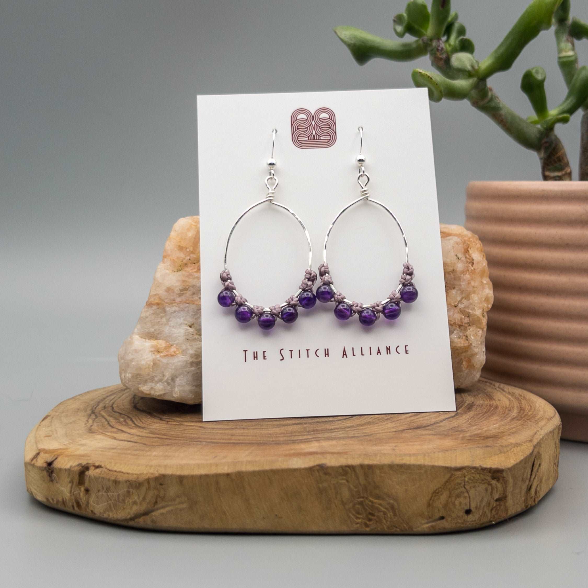 Silver Beaded Ring Earrings with Amethyst selling