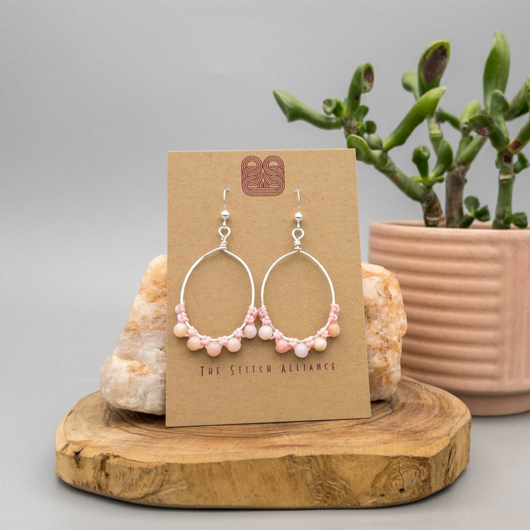 Pink Opal Hoop Earrings / Sterling Silver / Oval