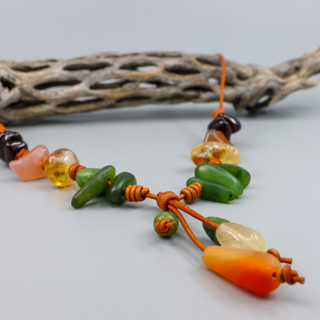 handmade leather and gemstone necklace with agate, citrine, jade, and garnet beads