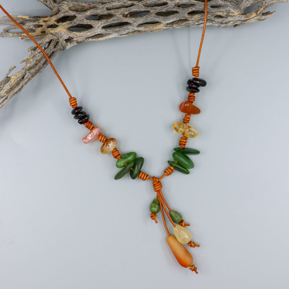 unique handmade leather and gemstone necklace with agate, citrine, jade, and garnet beads
