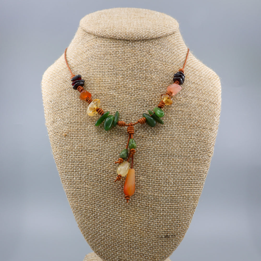 agate, jade, citrine, garnet leather and sterling silver necklace