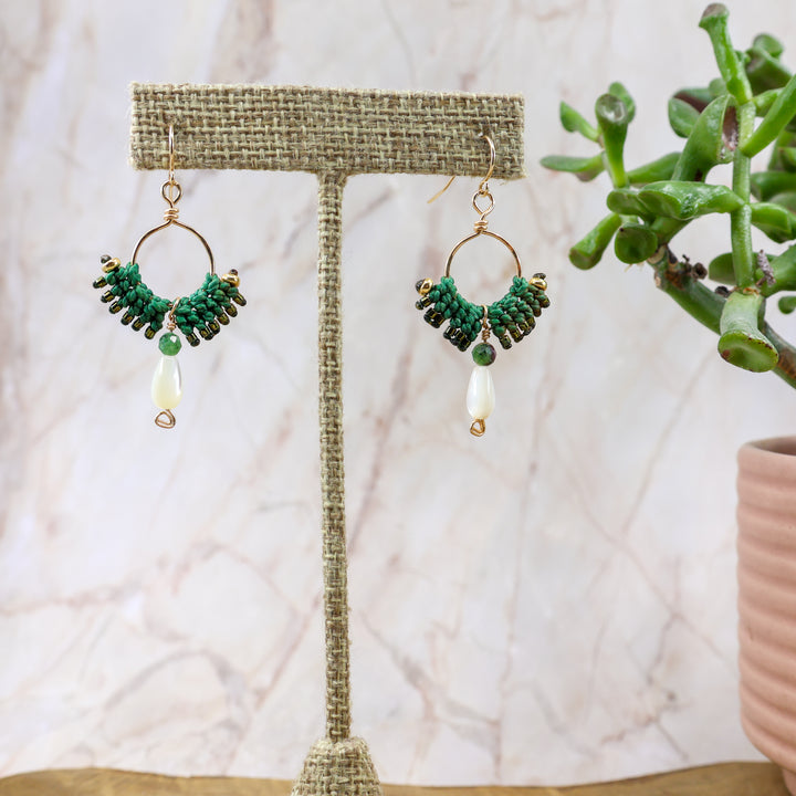 paloma gold filled green macrame earrings with mother of pearl bead