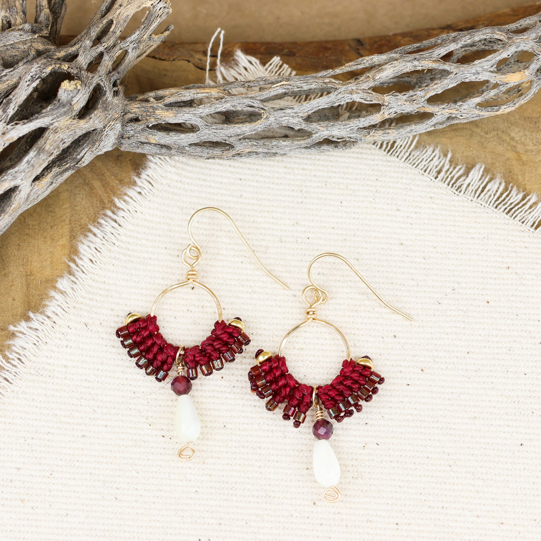 handmade mother of pearl and garnet gold filled hoop earrings