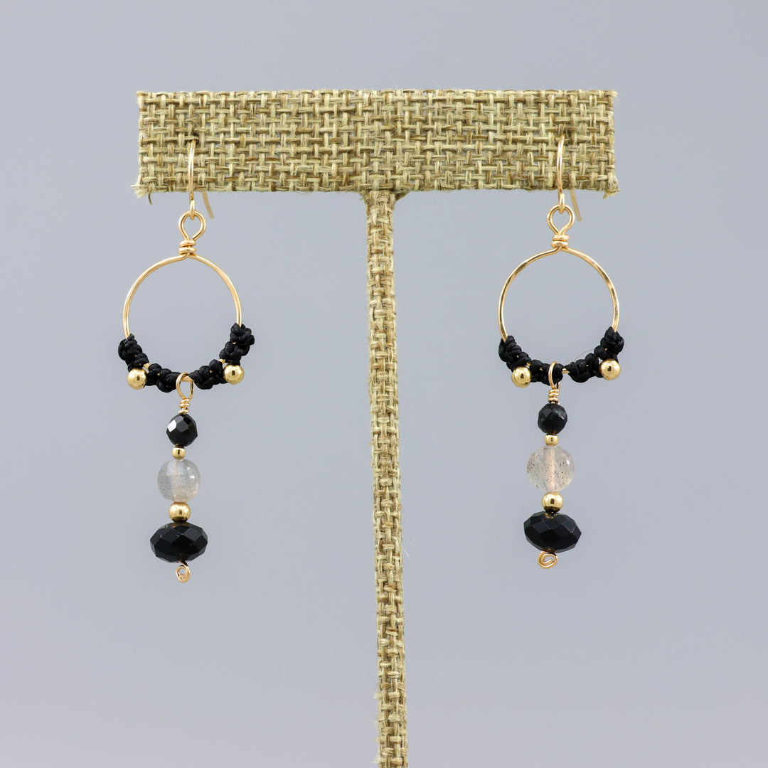 black tourmaline, labradorite, and spinel gold statement earrings