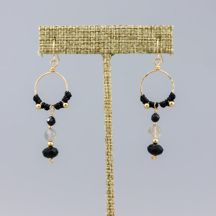 black tourmaline, labradorite, and spinel gold statement earrings
