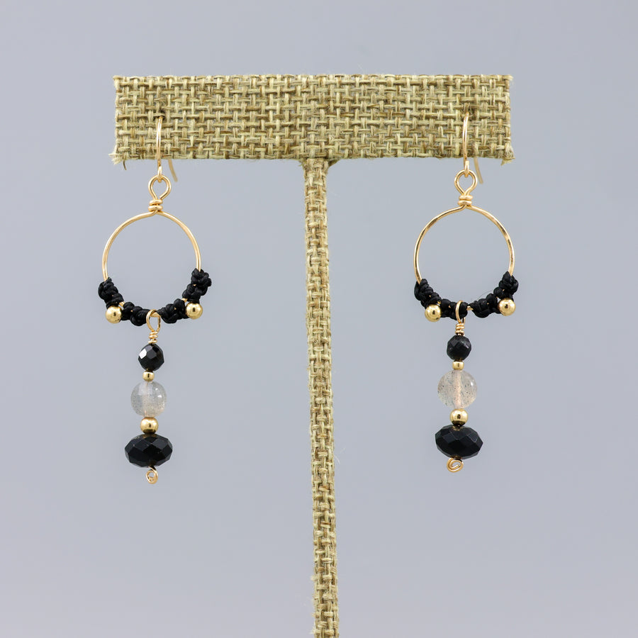 black tourmaline, labradorite, and spinel gold statement earrings