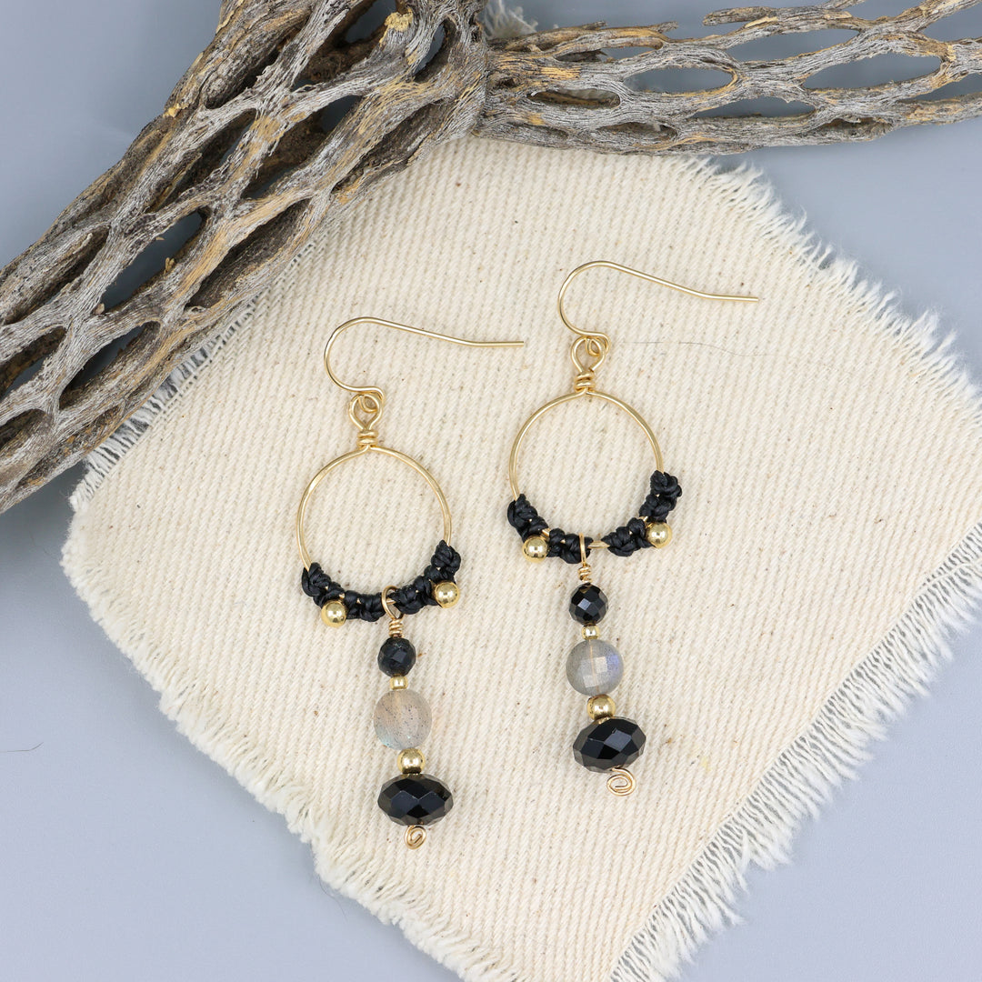 handmade black tourmaline, labradorite, and spinel gold statement earrings