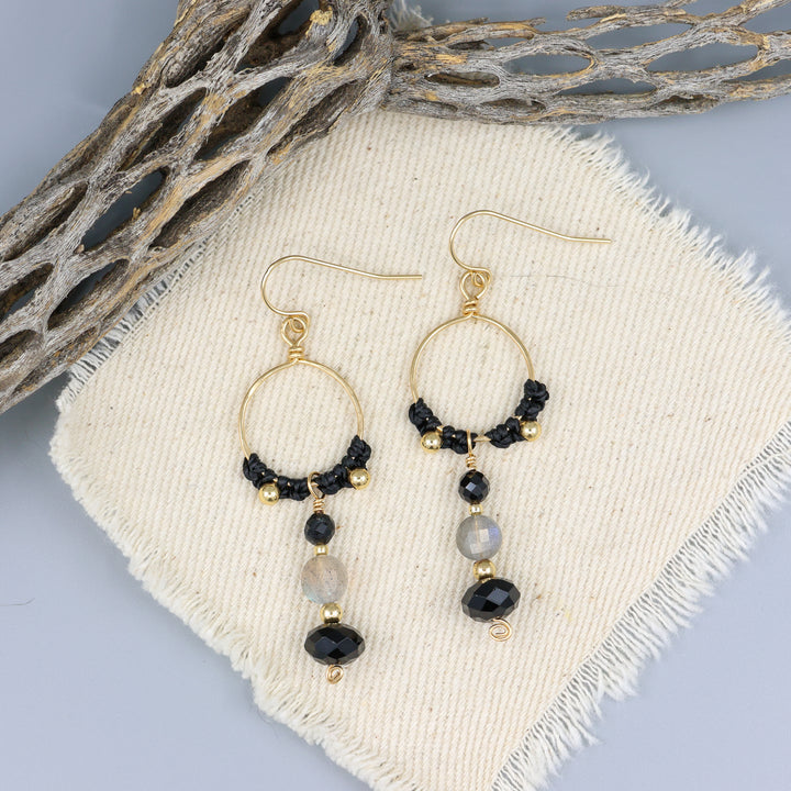 handmade black tourmaline, labradorite, and spinel gold statement earrings