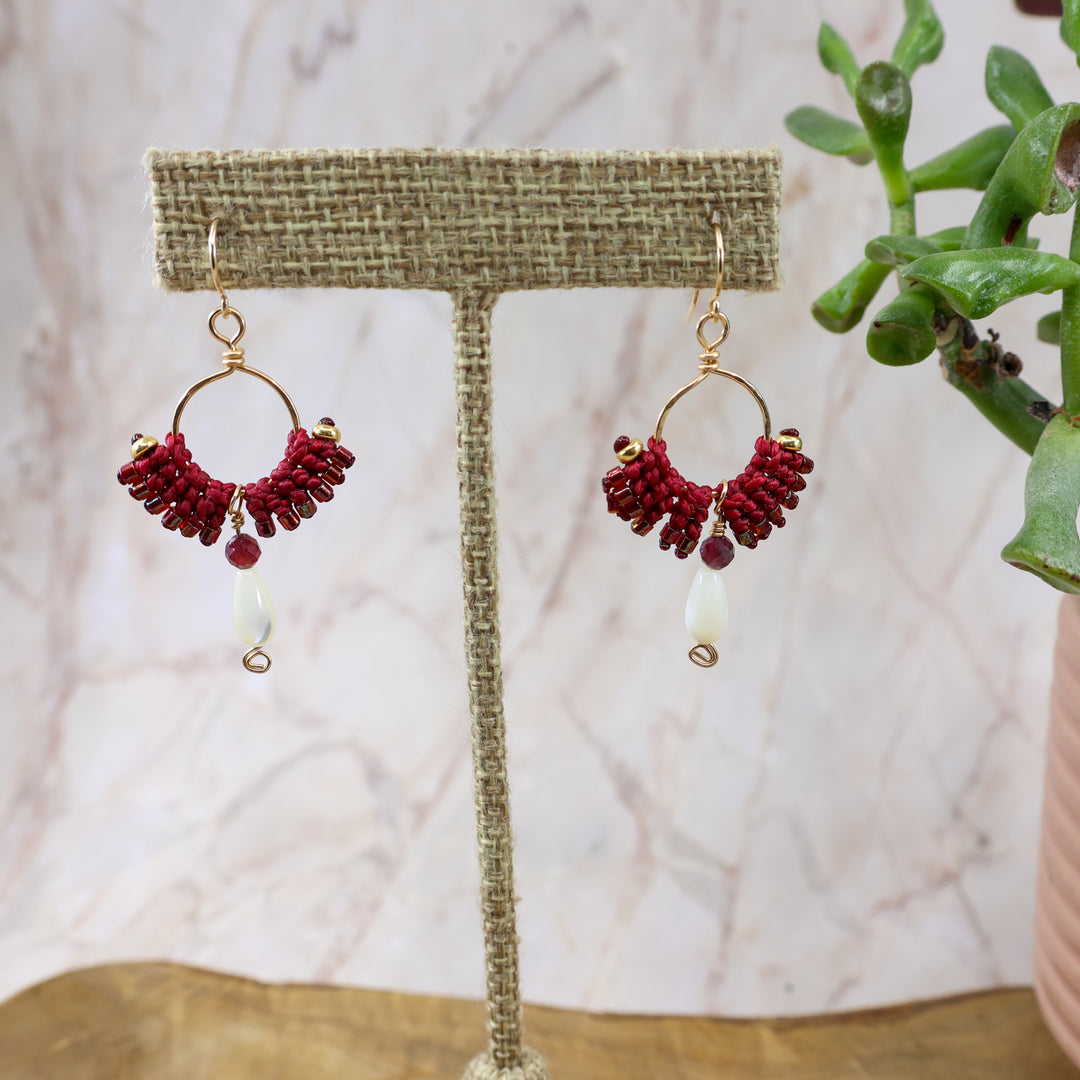 paloma gold filled red macrame earrings with mother of pearl bead