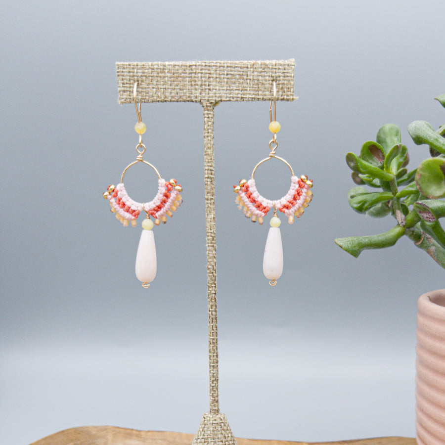 pink opal and yellow opal gold filled macrame statement earrings