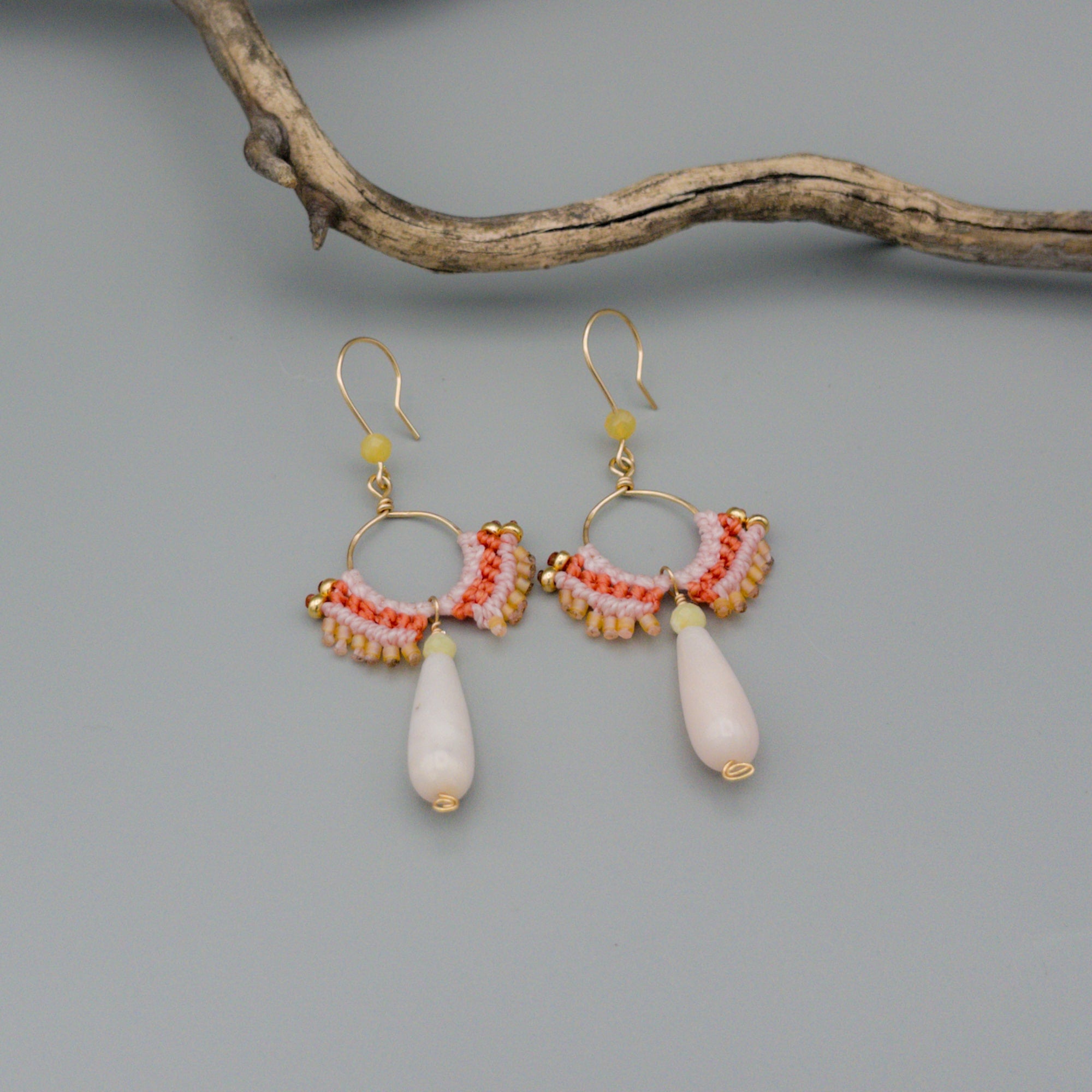 Statement macrame hoops earrings with green orange peach jasper and jade on sale beads