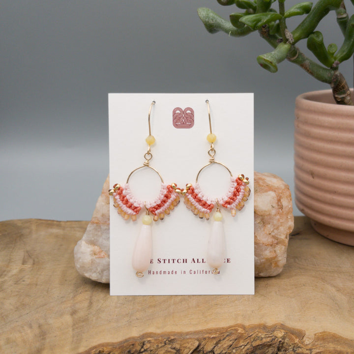 pink opal and yellow opal gold filled macrame statement earrings on a white card