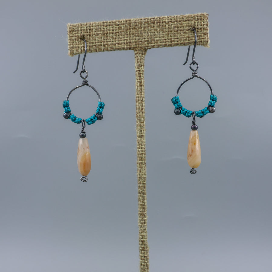 handmade macrame hoop earrings in oxidized sterling silver with botswana agate beads