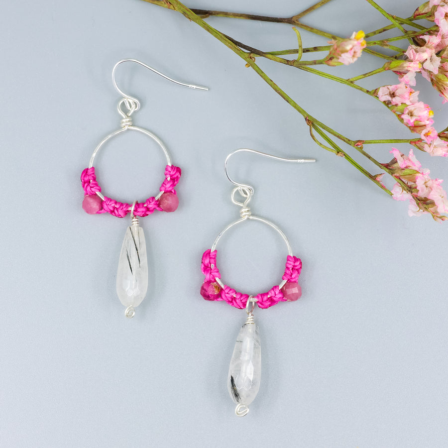 handmade sterling silver hoop earrings with tourmalated quartz and pink tourmaline beads