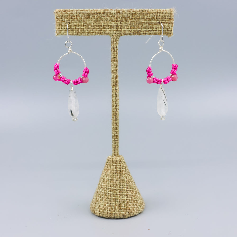 handmade sterling silver hoop earrings with tourmalated quartz and pink tourmaline beads on a linen hanger