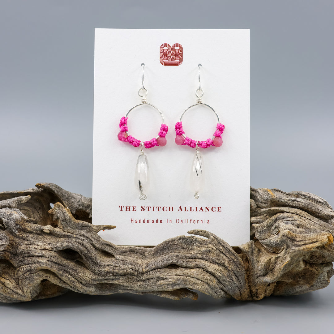 tourmalated quartz and pink tourmaline macrame hoop earrings in sterling silver on a white card