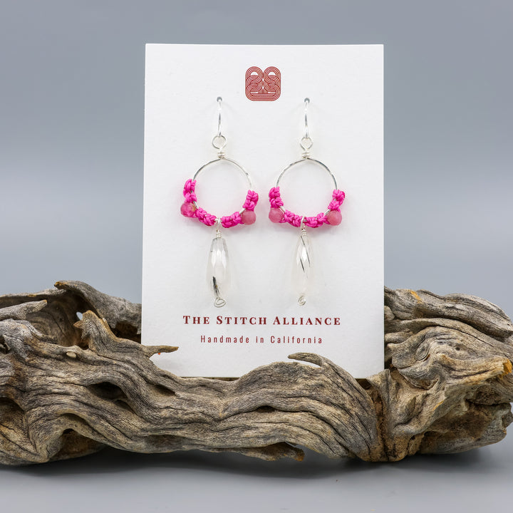 tourmalated quartz and pink tourmaline macrame hoop earrings in sterling silver on a white card