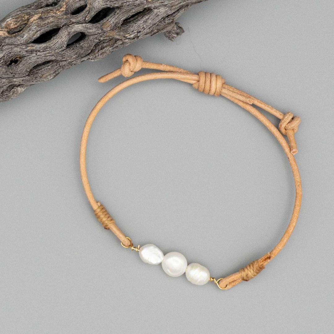 Handmade freshwater pearl, leather, and gold fill bracelet