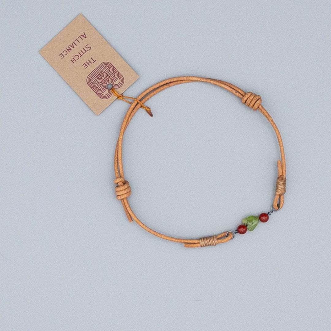 peridot and carnelian anklet adjustable with leather strap