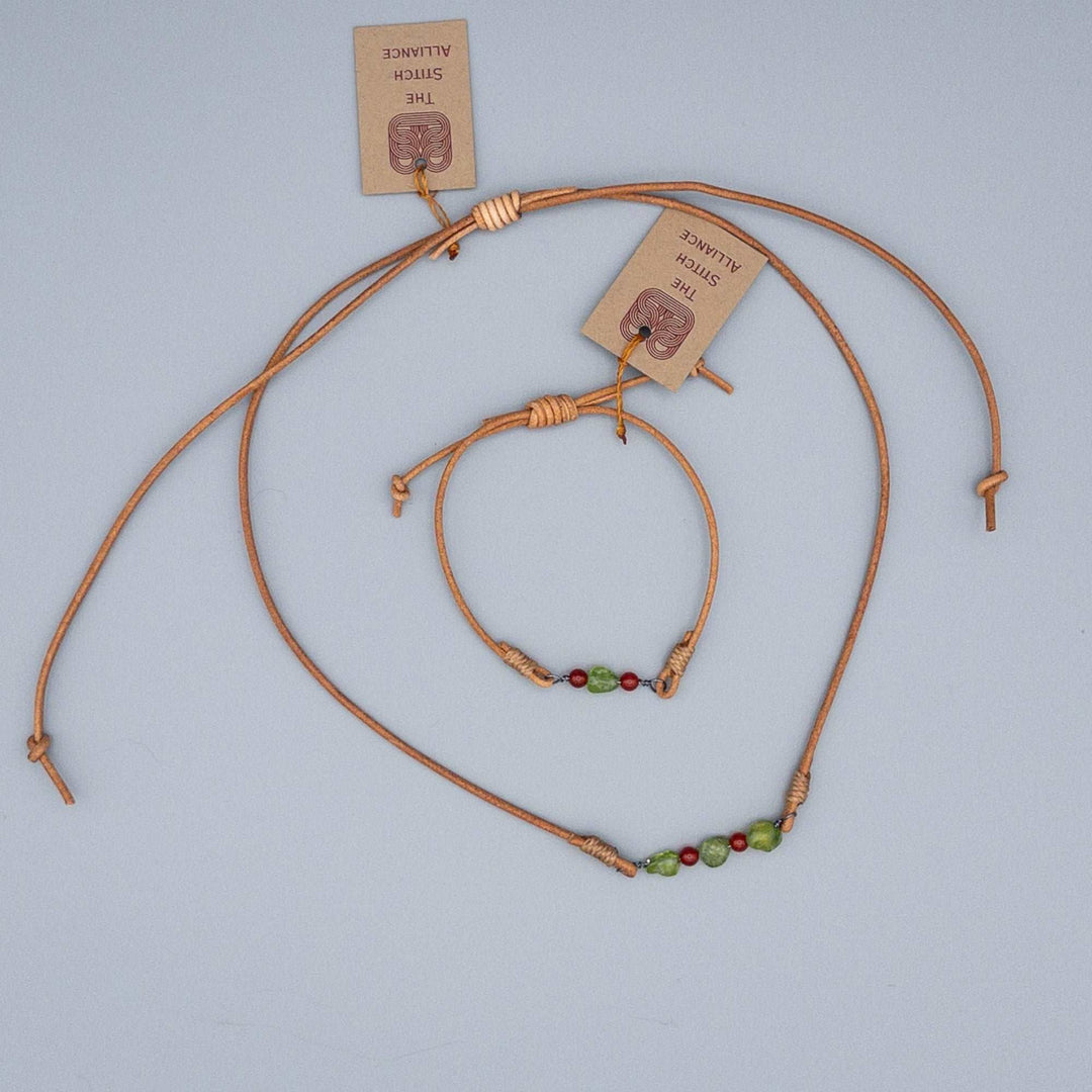 peridot and carnelian bracelet on a natural leather cord shown with the matching necklace