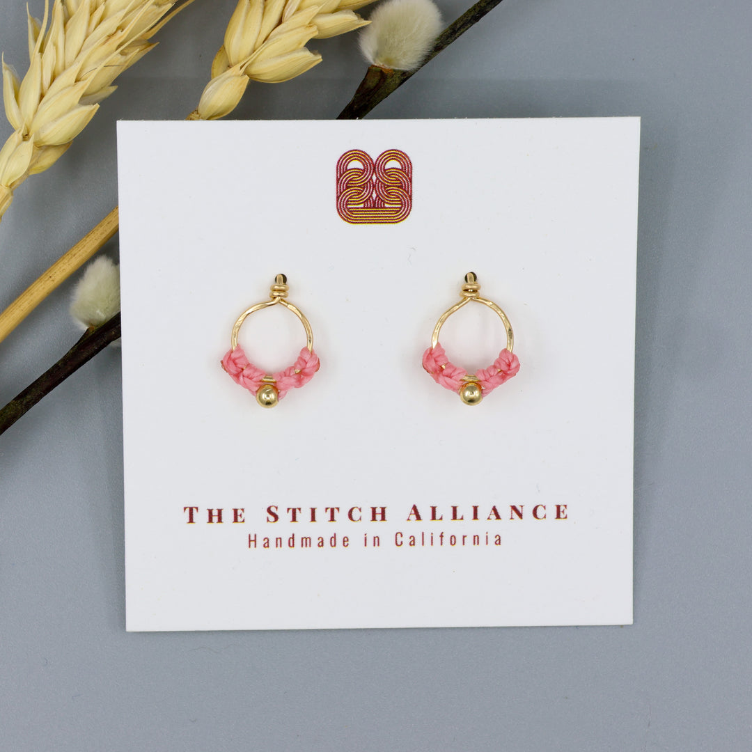 handmade gold fill and pink macrame stud earrings