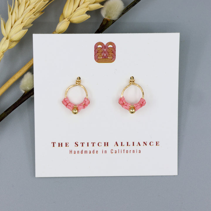 handmade gold fill and pink macrame stud earrings