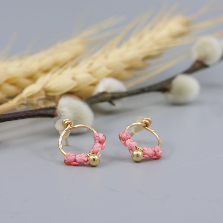 gold fill and pink macrame stud earrings