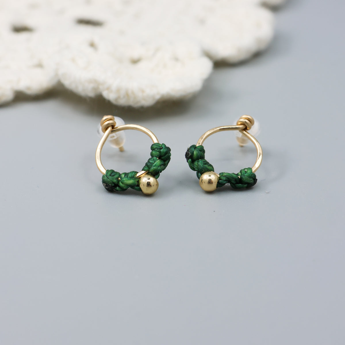 handmade gold filled minialist macrame earrings green