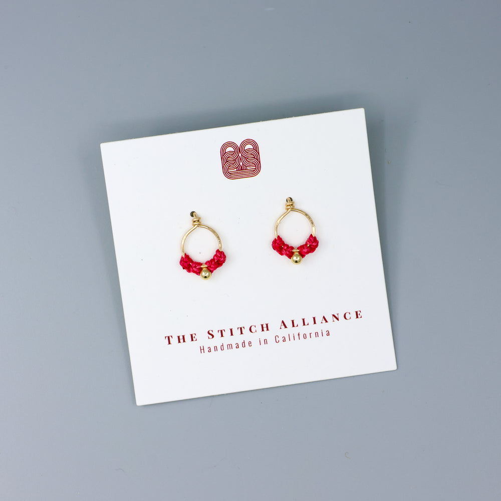 handmade gold filled minialist macrame earrings pink on a white card