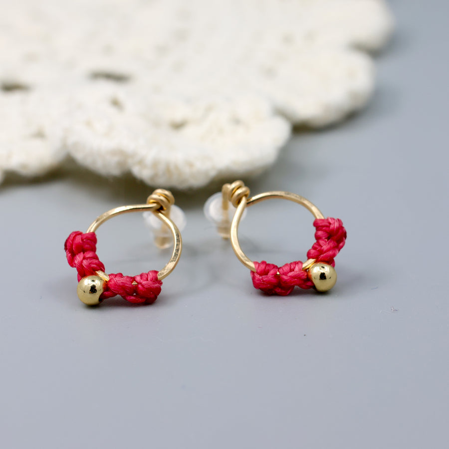 handmade gold filled minialist macrame earrings pink