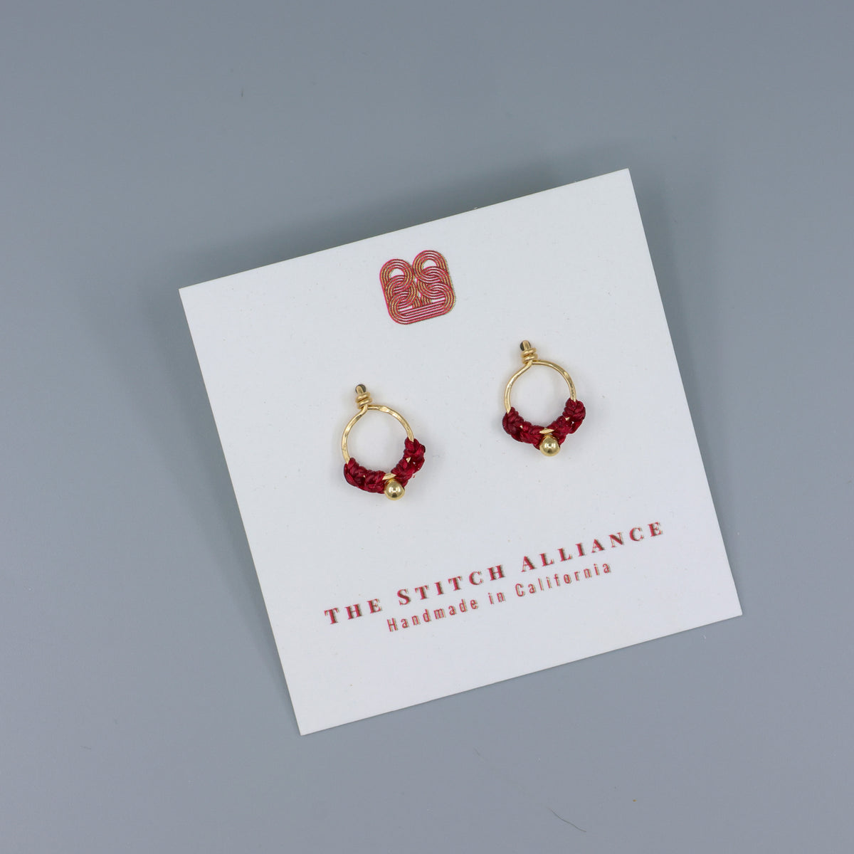 handmade small gold macrame stud earrings with red cord