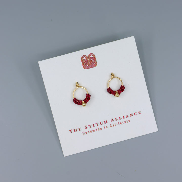handmade small gold macrame stud earrings with red cord