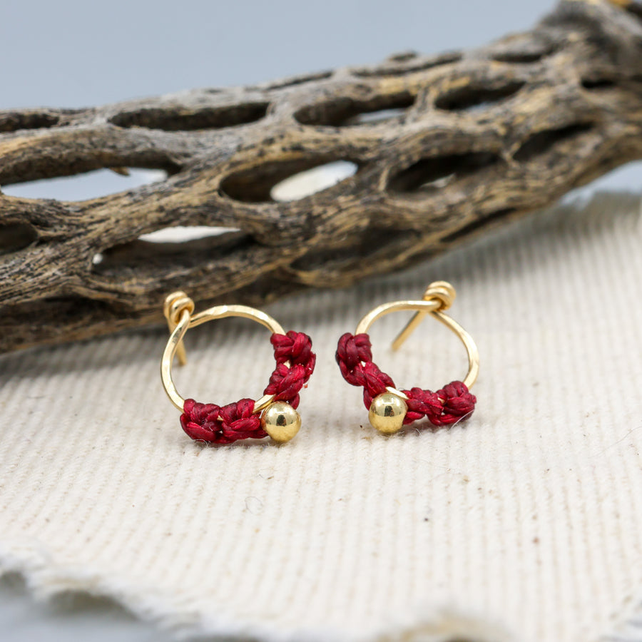 small gold macrame stud earrings with red cord