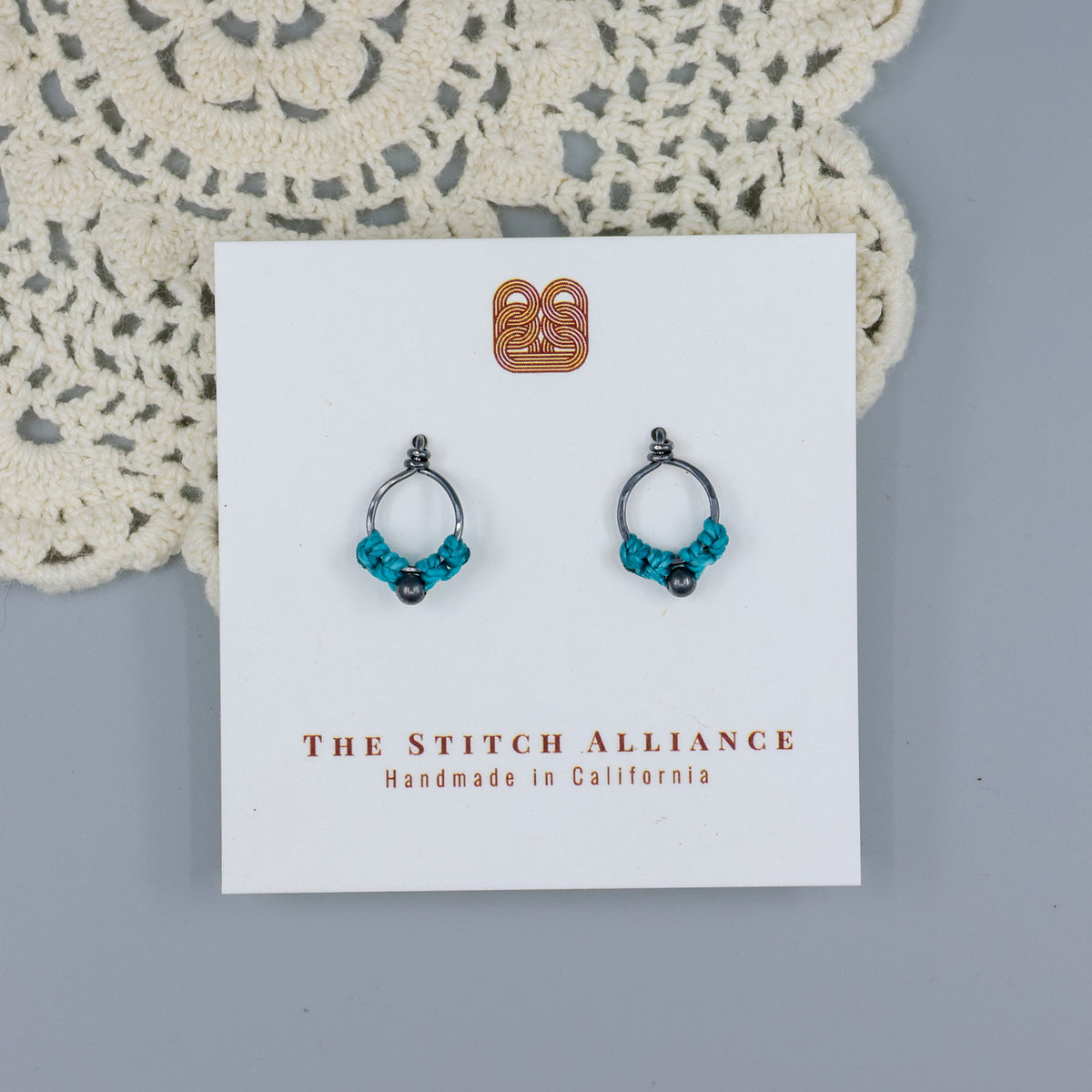 handmade small, oxidized sterling silver macrame stud earrings in turquoise