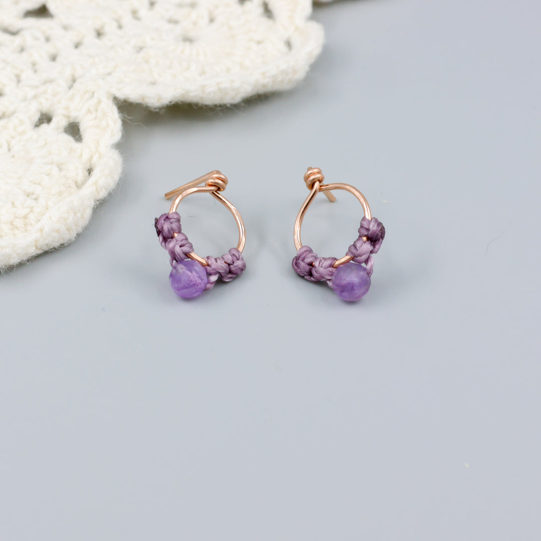 handmade rose gold macrame stud earrings with amethyst beads
