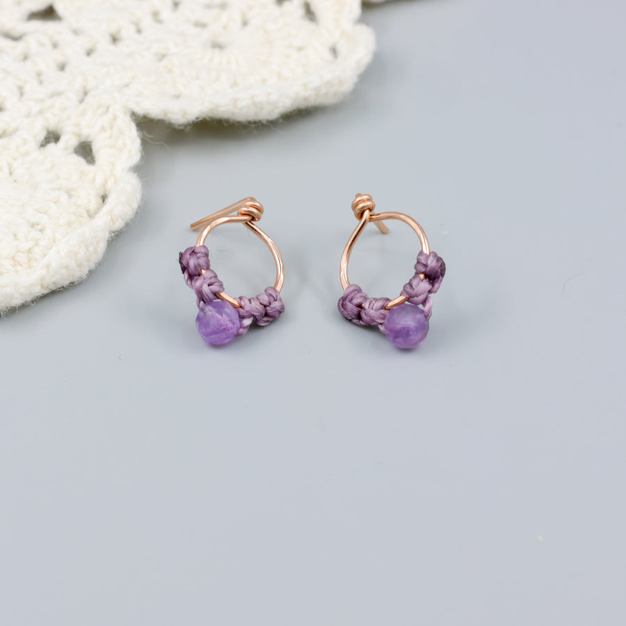 handmade rose gold macrame stud earrings with amethyst beads