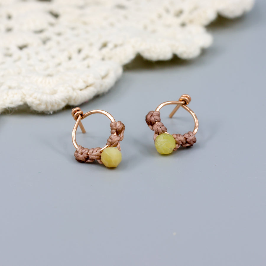 rose gold and yellow opal handmade stud earrings with macrame