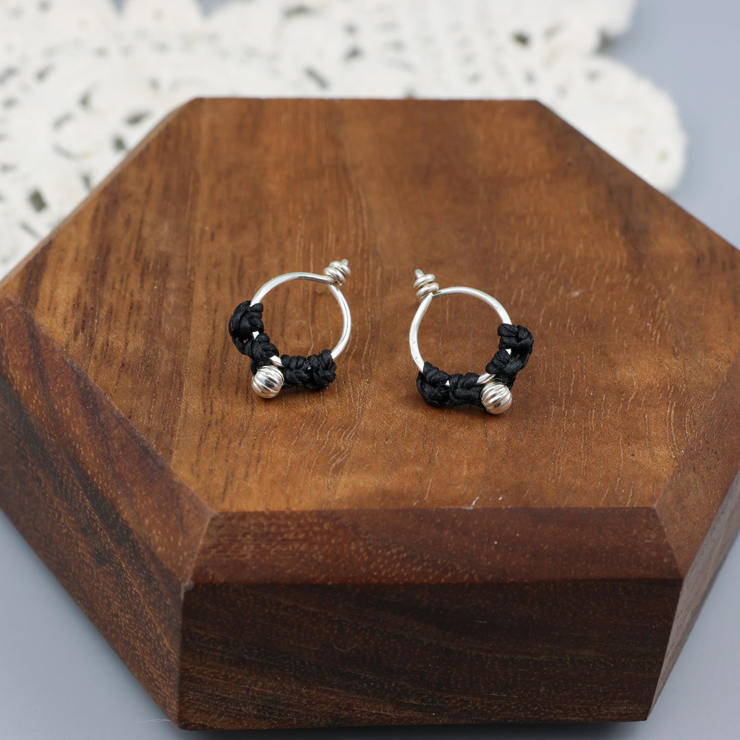 handmade sterling silver macrame stud earrings detail view